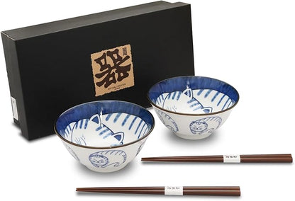 Mino Ware Cat-Design Rice Bowl & Wakasa-Nuri Wooden Chopsticks Pair Set by COTONOHA