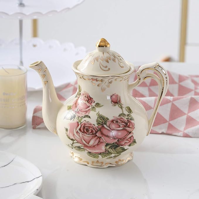 YOLIFE Porcelain Tea Set, Ivory Vintage Pink Rose Teaset | 4 Teacups, 1 Teapot - Image 3