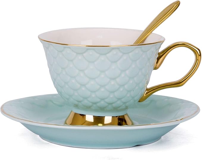 VanEnjoy Blue Vintage 8 Ounces Porcelain Coffee Cup, Tea Cup and Saucer Set and by VanEnjoy