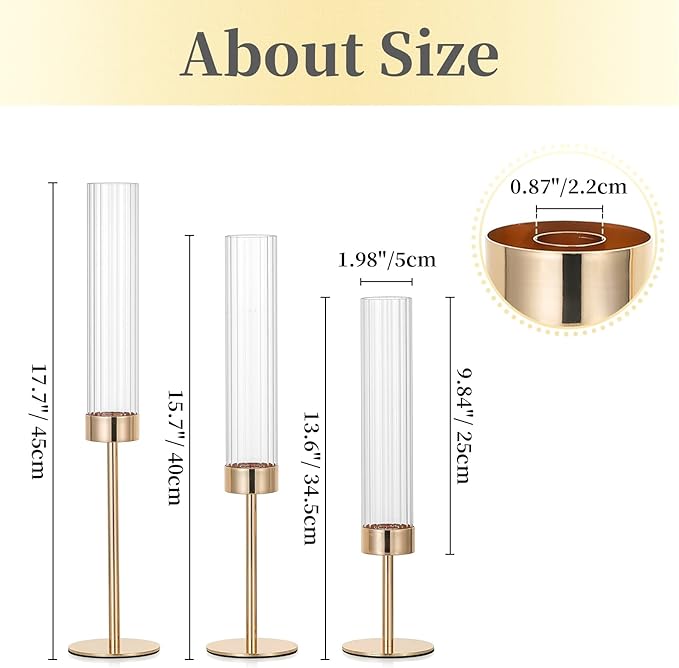 Hewory Gold Taper Candle Holders: Candlestick Holders Set of 3 Hurricane Glass Tall Candle Holder for Candlesticks Candle Sticks Holder Decor for Table Centerpiece Wedding Party Christmas Decorations