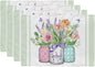 GEEORY Flowers Mason Jar Spring Placemats 12x18 Inch Set of 4 Green Summer Table mats Farmhouse Rustic Holiday Kitchen Dining Decoration for Indoor Outdoor Dinner Party Décor