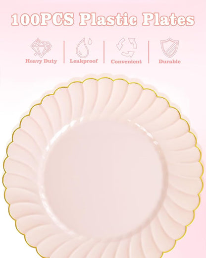 YOUBET 100PCS Pink and Gold Scalloped Plastic Plates - Image 3