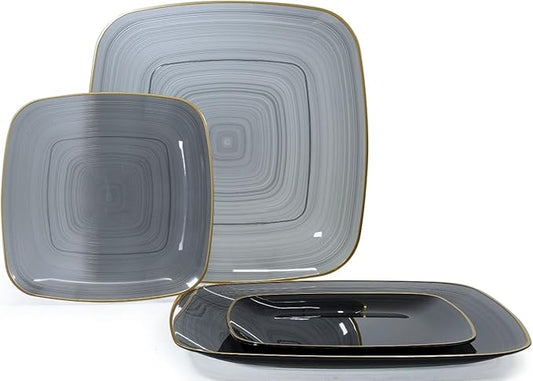 " OCCASIONS " 50 Plates Pack (25 Guests)-Wedding Party Disposable Plastic Plate Set -25 x 10'' Dinner + 25 x 7'' Salad & Dessert plates (Belize Square in Black & Gold)