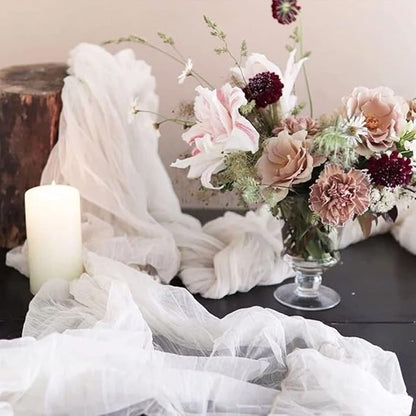 Joanlody Ivory Cheesecloth Table Runner Fall Thanksgiving 10Ft Rustic Gauze Boho Cheese Cloth Table Runner for Wedding Bridal Baby Shower Decoration
