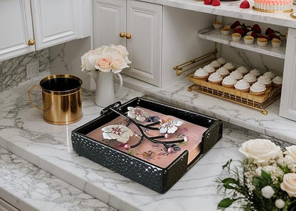 Black Flat Square Napkin Holder with White Pink Orchid Blooms | Orchid Flowers Metal Hinged Weighted Arm | Serviette Paper Hand Towel Storage Caddy Tray Organizer Dispenser | Home Restaurant