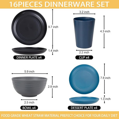 Rubtlamp 16Pcs Plastic Wheat Straw Dinnerware Set, Reusable Plastic Dishes Set - Image 2