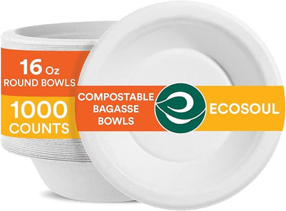 ECO SOUL 100% Compostable 16 Oz Soup Bowls [1000-Pack] Disposable dessert bowls I Heavy duty paper bowl I Eco-friendly salad bowl I Biodegradable large Bowls - Pearl White