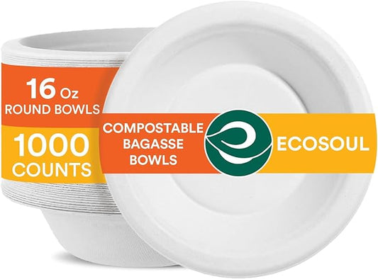 ECO SOUL 100% Compostable 16 Oz Soup Bowls [1000-Pack] Disposable dessert bowls I Heavy duty paper bowl I Eco-friendly salad bowl I Biodegradable large Bowls - Pearl White