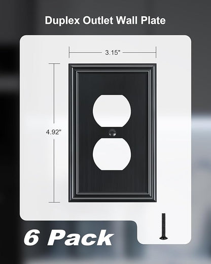 6-Pack Single Duplex Outlet Cover Plate, Decorative Black Switch Plates and Outlet Covers, Metal Wall Plates for Electrical Outlets, 1 Gang Receptacle Cover, Corrosion Resistant