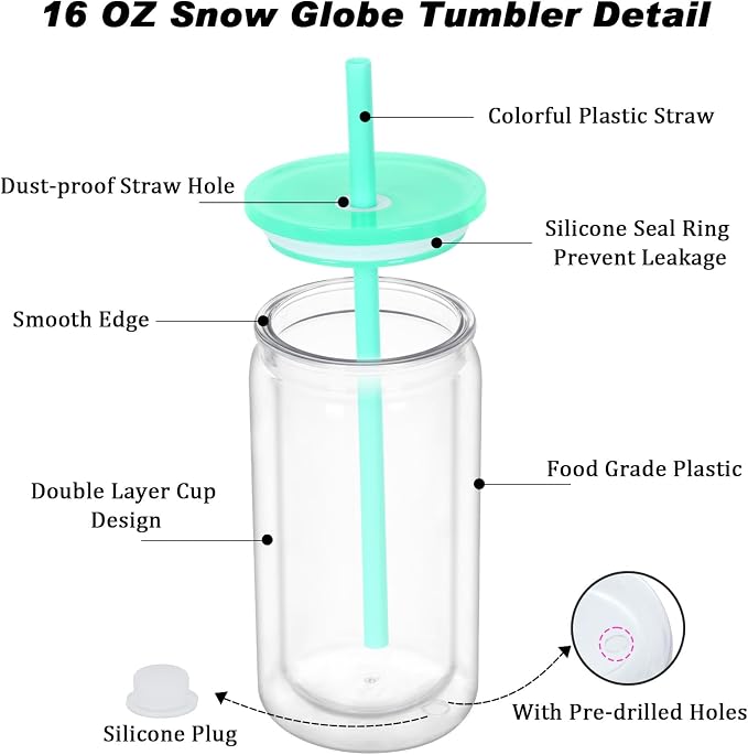 16 oz Plastic Snow Globe Tumbler, 8 Pack Double Wall Snowglobe Tumbler - Image 4