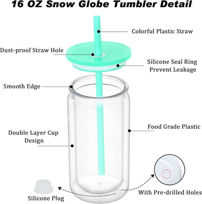 16 oz Plastic Snow Globe Tumbler, 4 Pack Double Wall Snowglobe Tumbler - Image 4