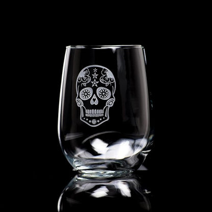 Rolf Glass Sugar Skull Stemless Wine Tumbler 17 ounce - Stemless Wine Glasses - Lead-Free Glass - Etched Tumbler Glasses - Proudly Made in the USA (Set of 2)