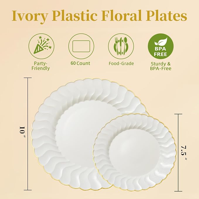 Lullaby 60PCS Ivory Scalloped Plastic Plate - Image 2