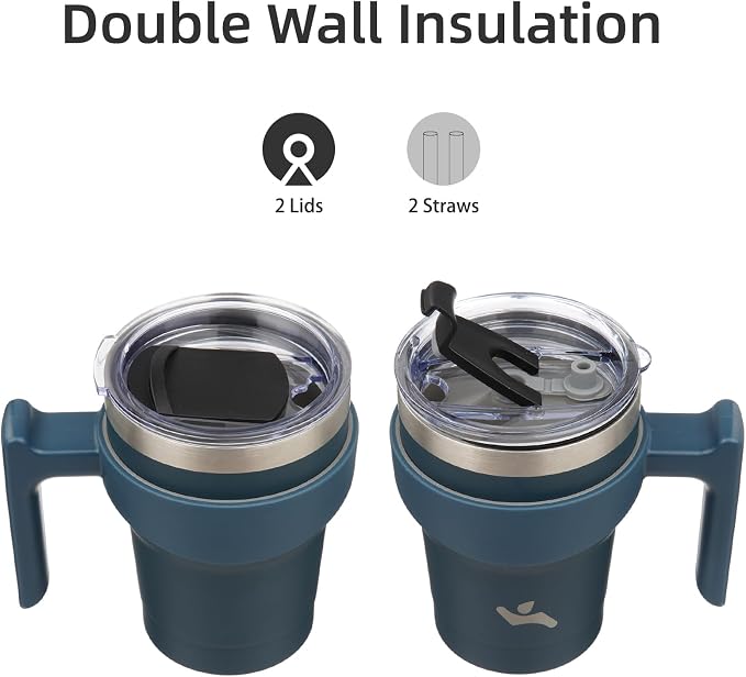 Konokyo 10 oz Tumbler with Handle and Straw, Insulated Travel Mug | Navy Blue; - Image 3