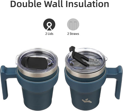 Konokyo 10 oz Tumbler with Handle and Straw, Insulated Travel Mug | Navy Blue; - Image 3
