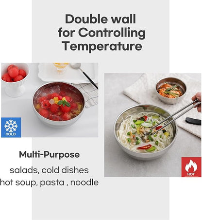 4 Pack 40 Oz Stainless Steel bowl set with chopsticks, Metal Double=walled Insulated noodle bowl, cereal, Ice Cream, Soup, Korean Ramen, 7 Inch