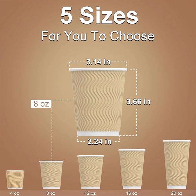 Hot 8 oz Disposable Insulated Corrugated Sleeve Ripple Wall Paper Coffee Cups - Image 5