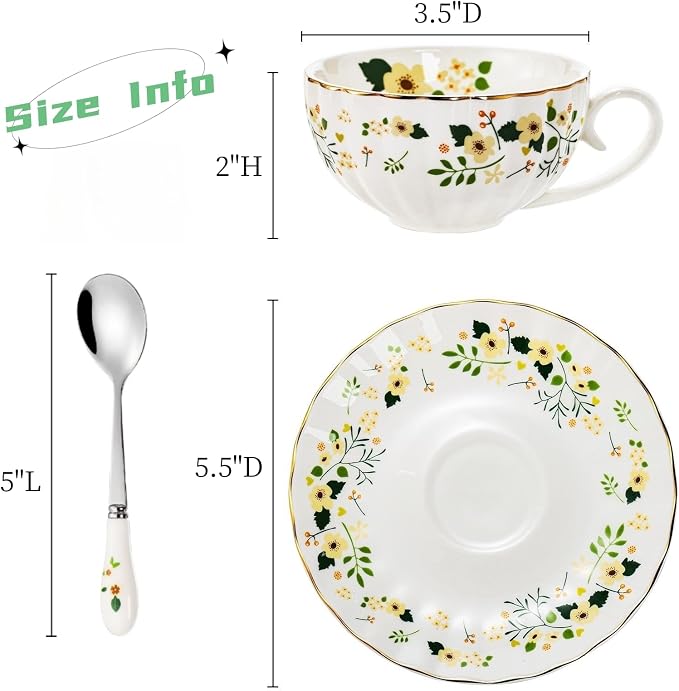Lyellfe Set of 2 Tea Cup and Saucers | 6 Oz Floral Tea Cups - Image 2