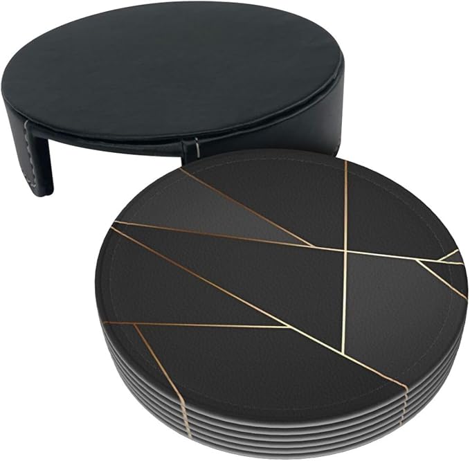 6 Pcs Black Gold Trim Pattern Leather Coasters - Image 4