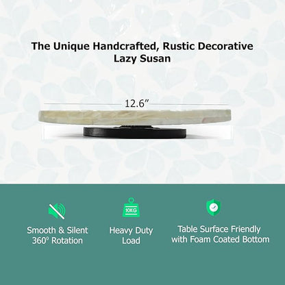 PEMAR 12.6″ Decorative Lazy Susan Turntable, Handcrafted Tray with Mother of Pearl Inlay, 360° Rotating Countertop & Dining Table Organizer, Elegant Home Décor, Housewarming Gift, White Cream Sunlight