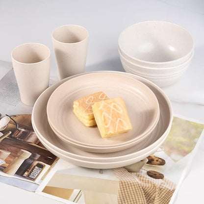 Supernal Wheat Straw Dinnerware, Wheat Straw Plates and Bowls Sets Dishwasher Safe, Unbreakable Light Weight Plate Service For 8, Reusable Plastic Plate, Include 16pcs Plates, 8pcs Bowls, 8pcs Cups