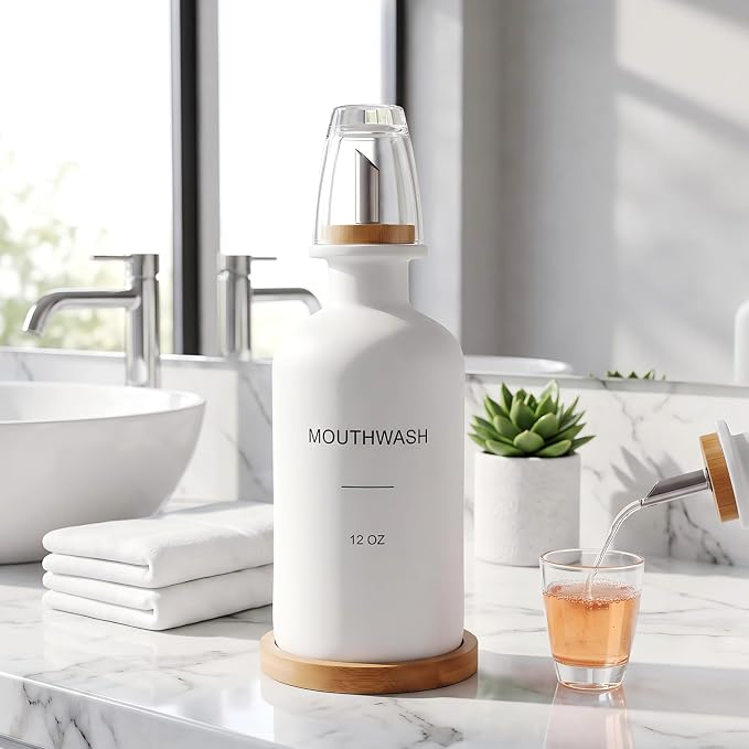 Glass Mouthwash Dispenser for Bathroom, Stainless Steel & Bamboo Nozzle - Image 6