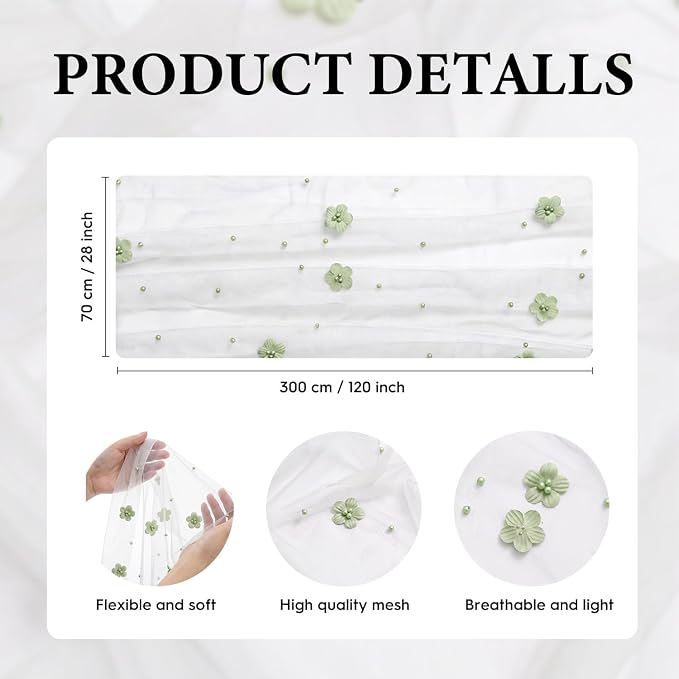 Artoid Mode Sage Green Flower Pearl White Gauze Table Runner 10FT, Seasonal - Image 7