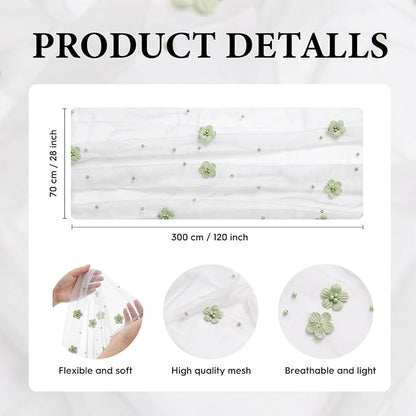 Artoid Mode Sage Green Flower Pearl White Gauze Table Runner 10FT, Seasonal - Image 7