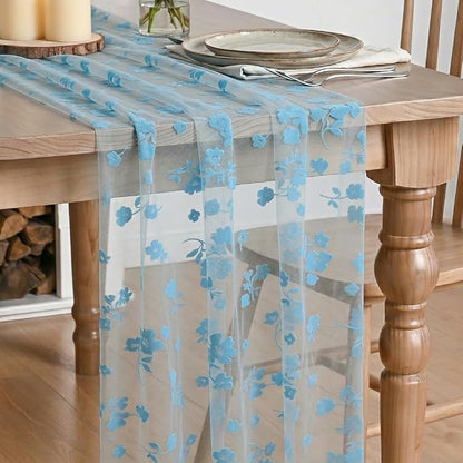 Artoid Mode Light Blue Gauze Flocking Flowers Table Runner 10FT, Spring Sheer by ArtoidMode