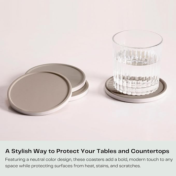 Set of 6 Taupe Coasters with Holder, Absorbent Ceramic Drink Coasters with Cork - Image 2
