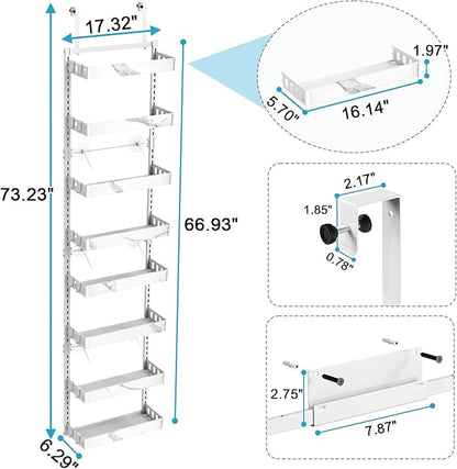 bukfen Over the Door Pantry Organizer,8-Tier Adjustable Basket Kitchen Pantry Door Organization and Storage, Heavy-Duty Metal Hanging Kitchen Spice Rack,D6.3 x W17.32 x H66.93 inch,White Marble Color