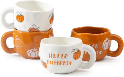 4pcs Ceramic Mugs Set, 9.4OZ Cute Coffee Cup Set, Hello Pumpkin Design by YumiPLUS