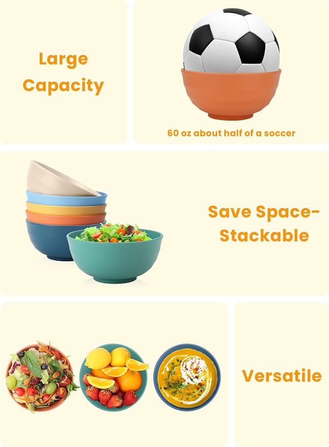 Unbreakable Large Wheat Straw Bowls 60 OZ Salad Bowls - Image 6