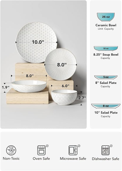 LE TAUCI Dinnerware Sets 16 PCS, Ceramic Plates and Bowls Set, Suit For House Warming Wedding, Serve for 4 (10" Dinner Plates + 8" Salad Dish + 22 oz Cereal Bowl+32 oz Pasta Bowls) x 4, Arctic White