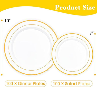 200PCS White Plastic Plates with Gold Rim, Disposable Heavy Duty Plastic Plate, 100 Dinner and 100 Dessert Plates for Party and Wedding