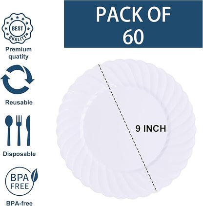 U-QE 60 Pieces White Plastic Plates - 9 Inch White Disposable Plates - Washable & Reusable - Premium Hard Plates - Party Supplies for Birthdays, Celebrations, Travel, Wedding, Party and Events
