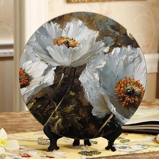 Textured White Poppies Decorative Ceramic Plates 10 Inch with Display Stand Designed for Elegant Wall Hanging DP-752238312