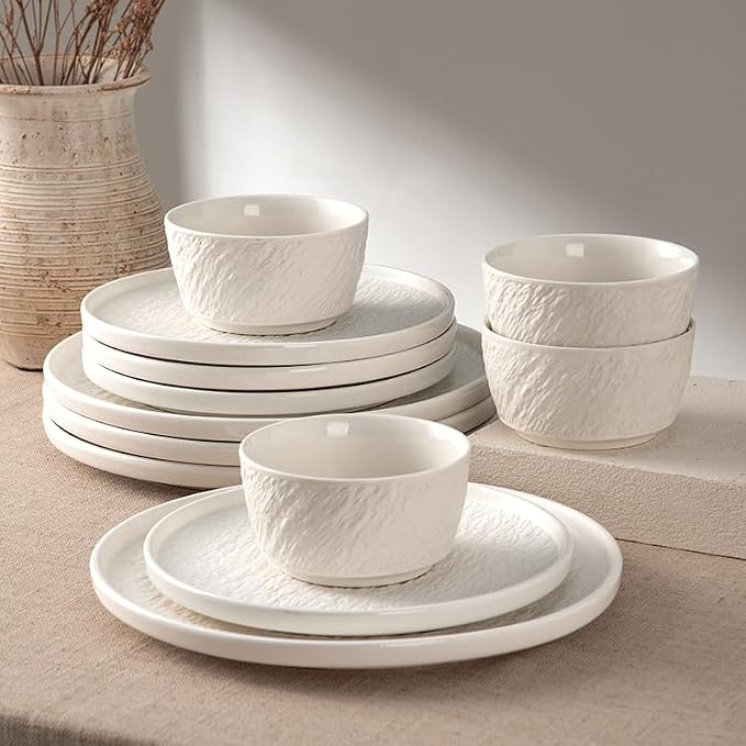 4-piece set, embossed stone design plate and bowl set, microwave and dishwasher by Unknown