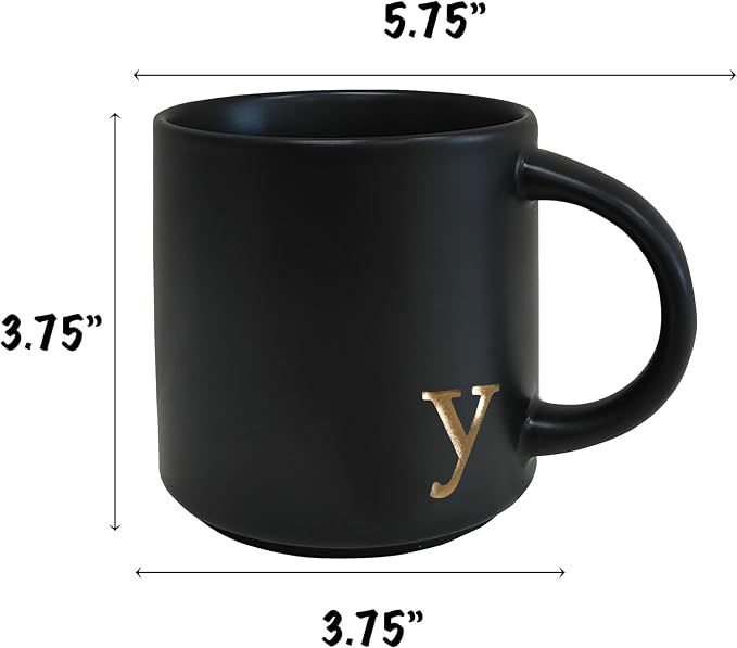 COLLECTIVE HOME Black Ceramic Coffee Mug, 15 oz Golden Monogram Tea Cup | - Image 4