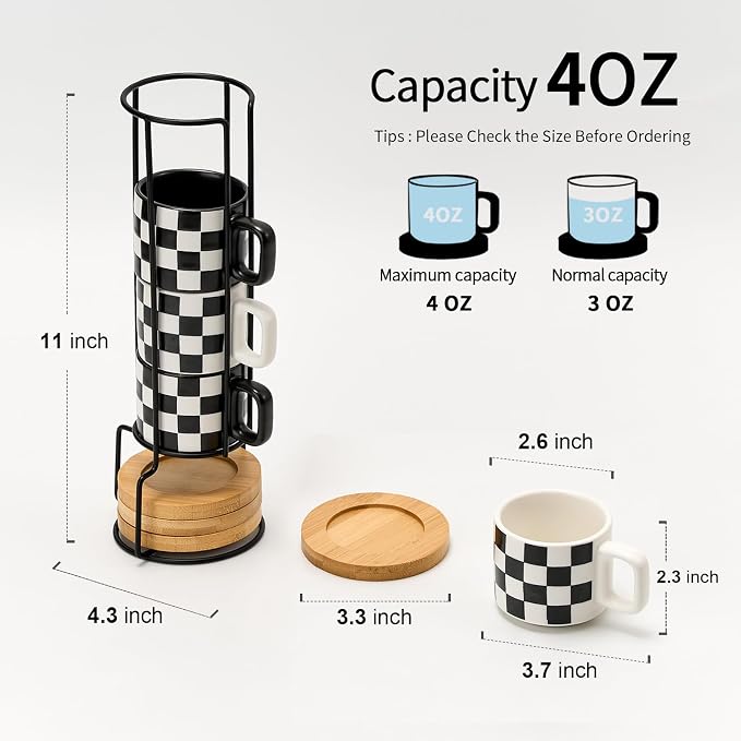 LUKA Ceramic Stackable Black and White Checkered Espresso Cups - Image 2