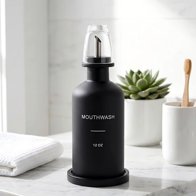 Glass Mouthwash Dispenser for Bathroom, Stainless Steel & Bamboo Nozzle - Image 7