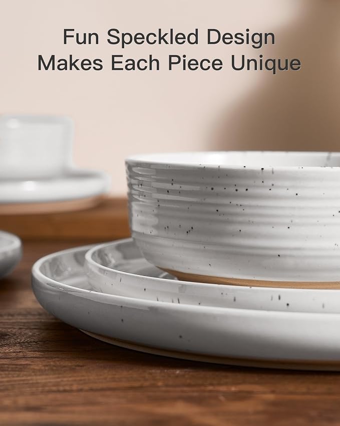 Stoneware Dinnerware Set for 8, Coupe Plates & Bowls, 24-Piece Speckled Spiral - Image 4