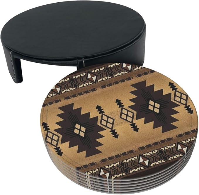 6 Pcs Brown Western Southwest Modern Geometric Abstract Art Leather Coasters - Image 4
