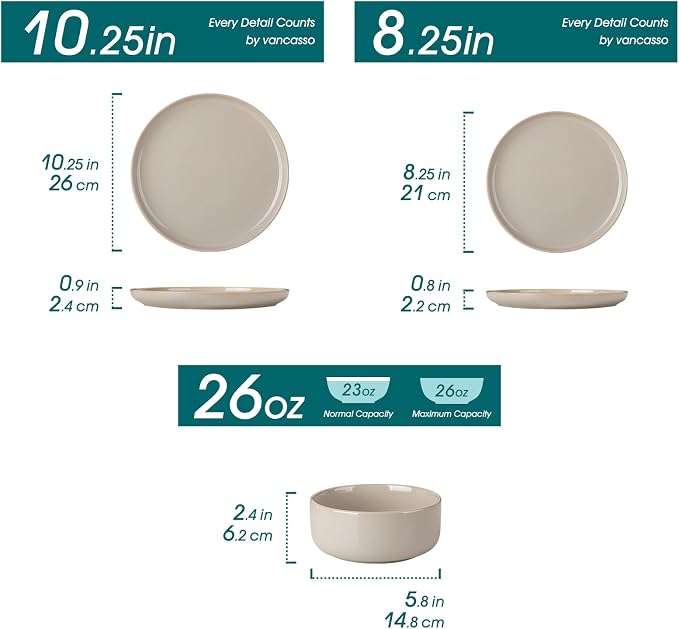 vancasso PLAYA Ceramic Plates and Bowls Sets, 24 Pieces Grey Dinnerware Sets - Image 2