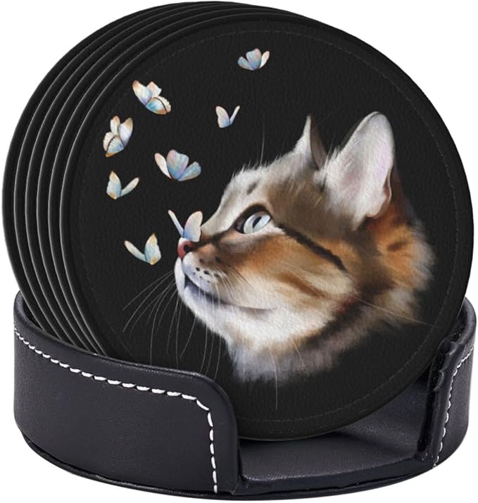 6 Pcs Portrait Cat with Butterflies Leather Coasters - Image 3
