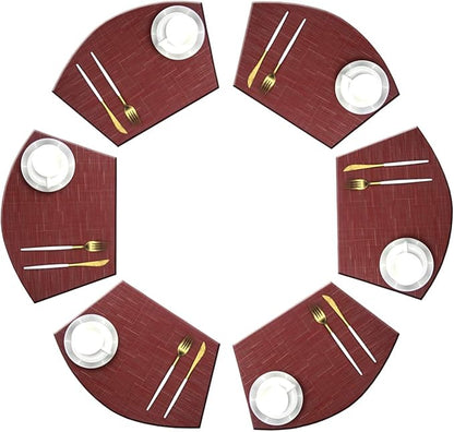 Wedge Placemats for Round Dining Table Woven Vinyl Easy Wipe Plastic Non Slip Table Mats Set of 6（Red）