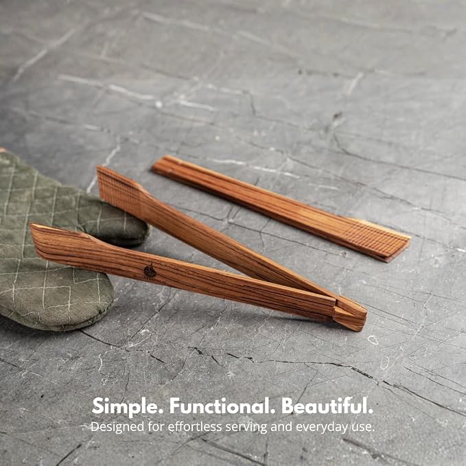 Super Slim Spring Salad Tongs: Teak Wood Salad Hand Server 0.1" x 0.1" x 12" - Image 7