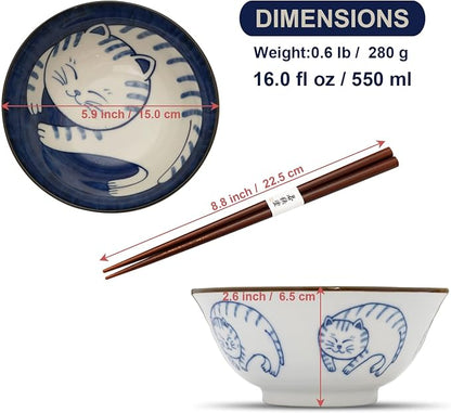 Mino Ware Cat-Design Rice Bowl & Wakasa-Nuri Wooden Chopsticks Pair Set - Image 2