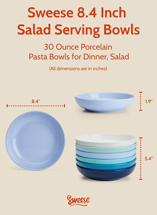 Sweese Pasta Bowls, 30 Ounce Salad Serving Bowls Set of 6, 8.4 Inch Porcelain - Image 2