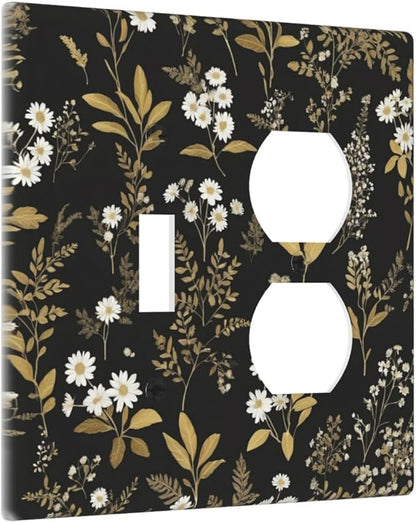 Light Switch Cover Plate Black/Gold Boho Botanical Floral Rustic Flowers 2 Gang Decorative Switch Plates 1 Toggle Duplex Combo Outlet Covers GFCI Wall Plates for Bathroom Kitchen Decor